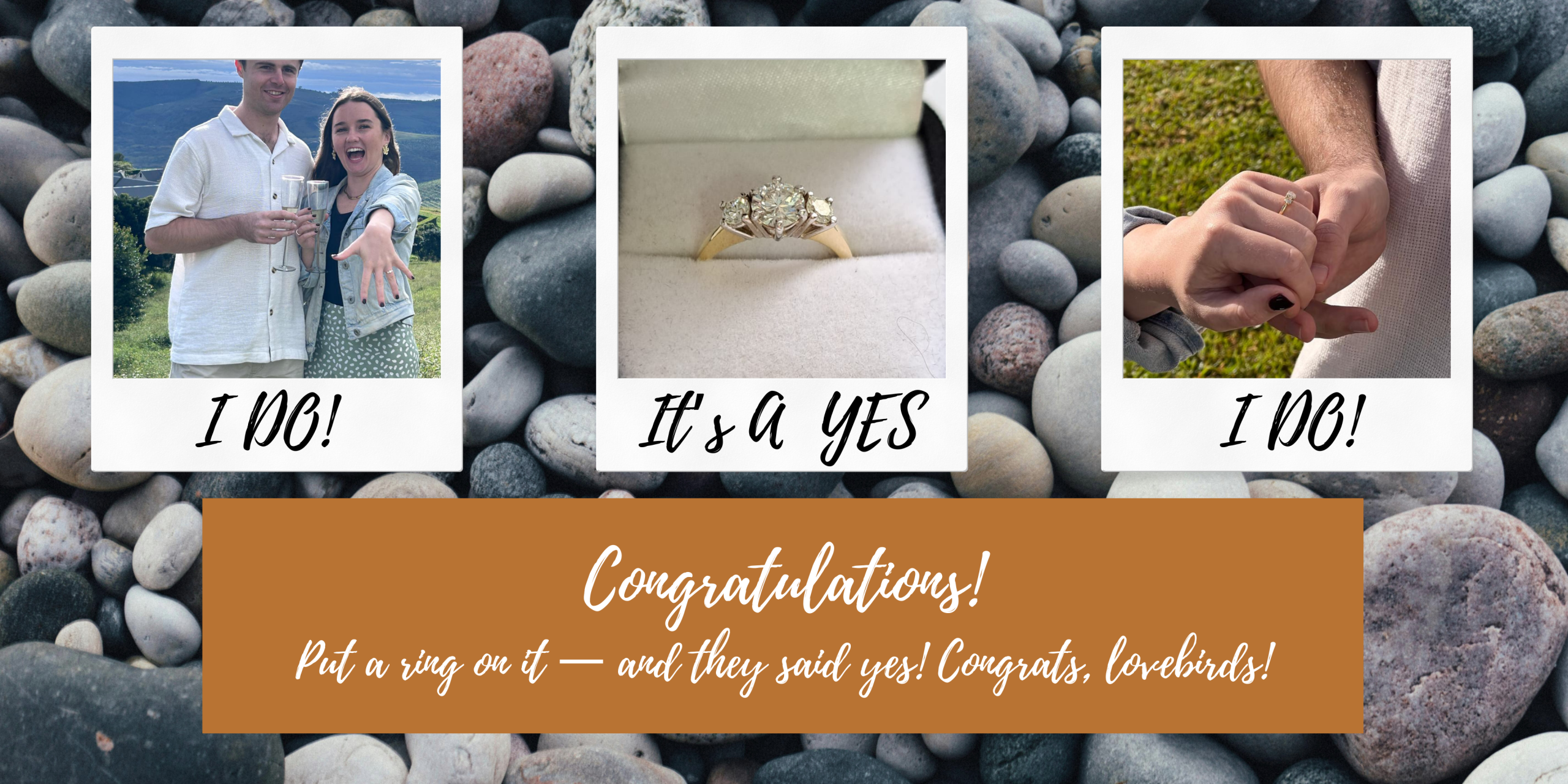 Happy couple holding out a custom engagement ring, celebrating their special moment with Jewel Art Consulting